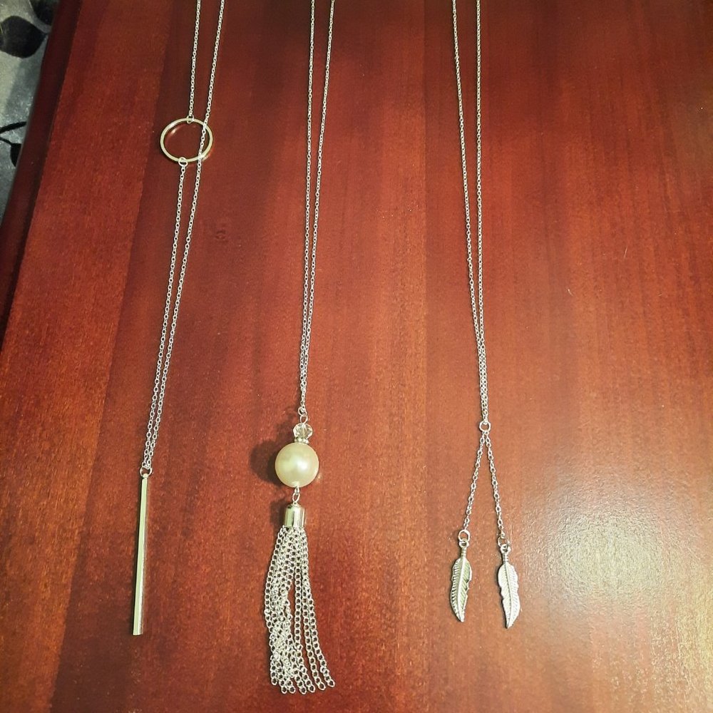 3 Silver Tone Long Statement Pendant Necklaces